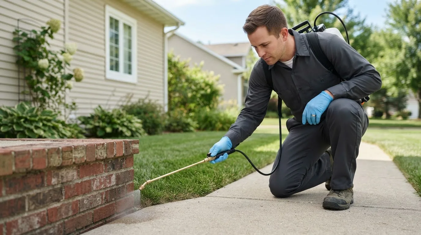 Pest control technician treating a home near Fleetwood, PA