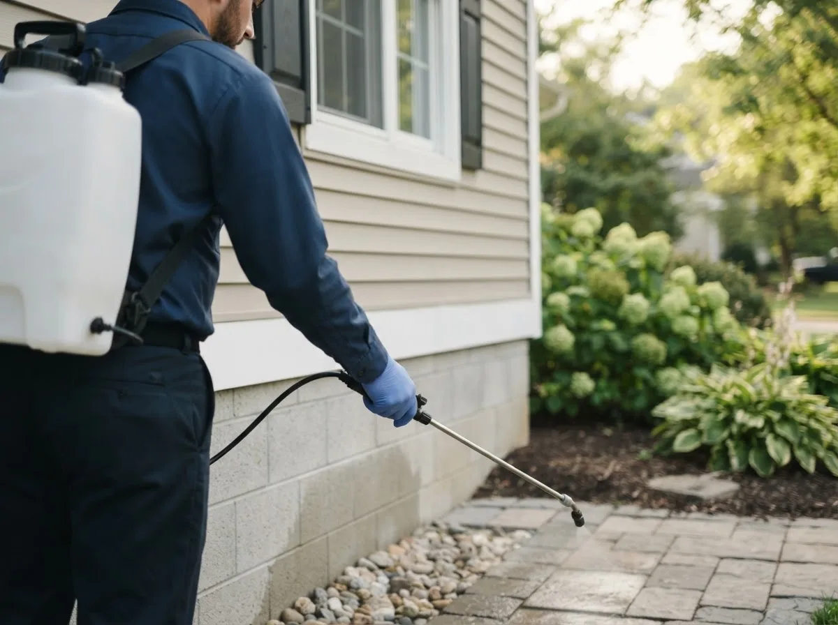 Pest control technician inspecting a home in Fleetwood, PA